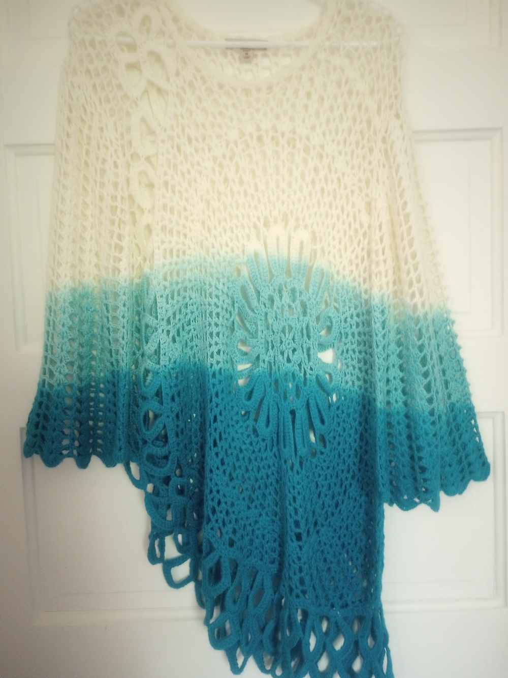 Crochet Ombré Poncho Sweater in Cream and Teal